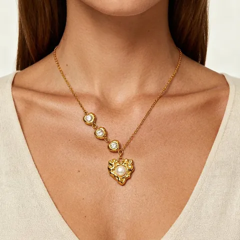 French Style Stainless Steel Lava Heart Pendant Necklace With White Imitation Artificial Pearl Zirconia Clavicle Chain Jewelry For Women