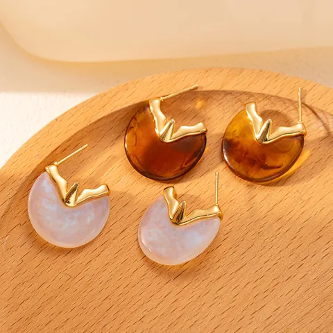 Elegant French Style Geometric Hoop Earrings For Women Gold Plated Stainless Steel Resin C-Shaped U-Shaped Hoop Earrings Jewelry