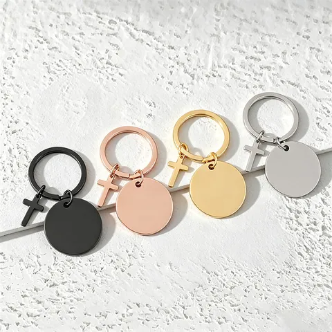 Stainless Steel Cross Keychain Geometric Blank Round Heart Pendant Key Ring Engravable Metal Tag Religious Key Holder Gift For Unisex