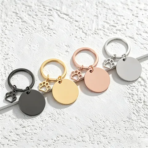 Stainless Steel DIY Blank Customizable Keychain Set With Paw Print Charm Round Heart Dog Tag For Pet ID Personalized Gift
