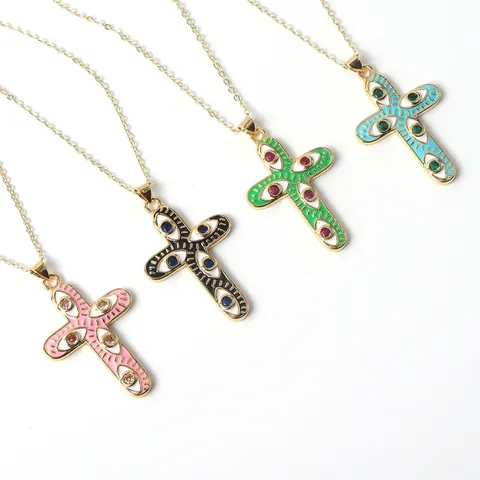Vintage Copper Zirconia Evil Eye Cross Pendant Necklace Enamel Colorful Gold Plated Clavicle Chain Adjustable Jewelry For Women