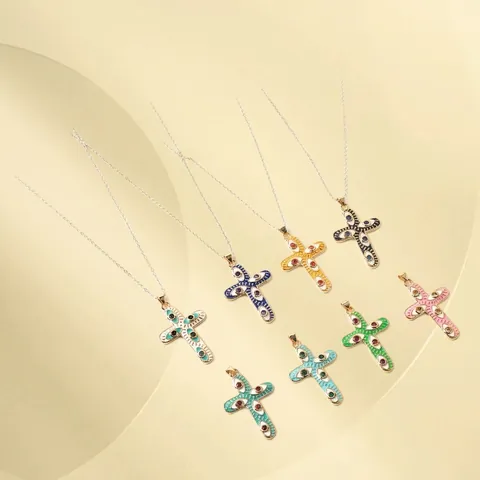 Vintage Copper Zirconia Evil Eye Cross Pendant Necklace Enamel Colorful Gold Plated Clavicle Chain Adjustable Jewelry For Women