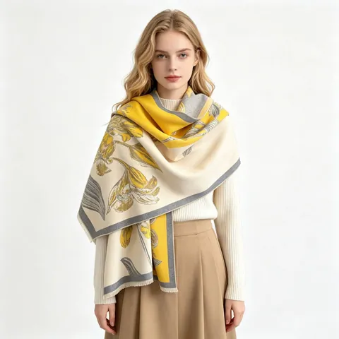 Floral Jacquard Winter Scarf Shawl Viscose Fiber Thick Warm Tassel Double Sided Elegant Ethnic Magnolia Pattern For Women