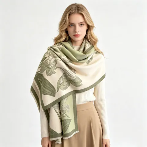 Floral Jacquard Winter Scarf Shawl Viscose Fiber Thick Warm Tassel Double Sided Elegant Ethnic Magnolia Pattern For Women