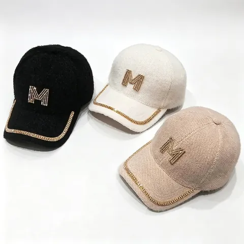 Women Winter Warm Chenille Rabbit Hair Blend Baseball Cap Fashion Rhinestone Letter M Adjustable Plush Luxury Outdoor Hat