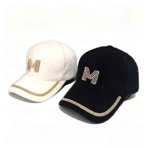 Women Winter Warm Chenille Rabbit Hair Blend Baseball Cap Fashion Rhinestone Letter M Adjustable Plush Luxury Outdoor Hat