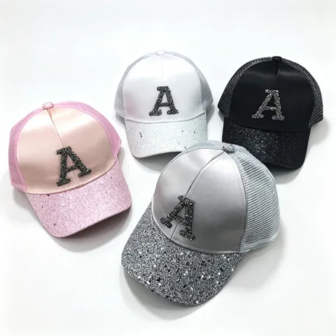 Women Kids Rhinestone Letter A Baseball Cap Sequin Satin Mesh Trucker Hat Sun Protection Breathable Adjustable Fashion Hat