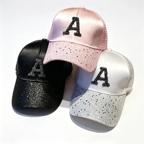 Women Kids Rhinestone Letter A Baseball Cap Sequin Satin Mesh Trucker Hat Sun Protection Breathable Adjustable Fashion Hat