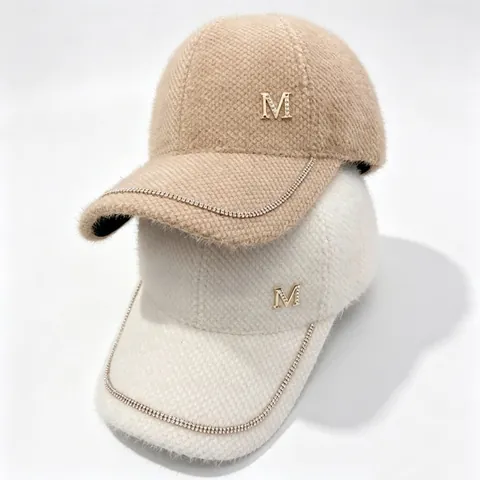 Berretto da Baseball da Donna in Misto Pelo di Coniglio Peluche Strass Logo M Catena Tesa Caldo Moda Cappello Regolabile