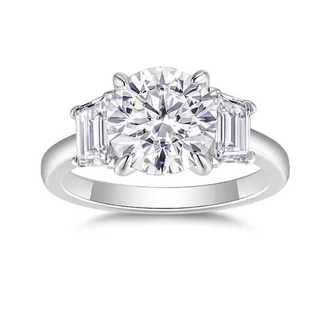 S925 Sterling Silver Moissanite Ring Round Brilliant Cut Baguette Side Stones Three-Stone Engagement Wedding Ring For Women Jewelry