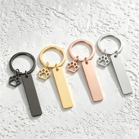 Stainless Steel Keychain With Hollow Pet Paw Pendant Blank Bar Round Heart Military Tag Metal Key Ring Jewelry Gift