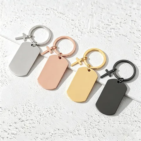 Stainless Steel Cross Dog Tag Keychain Mirror Polished Religious Military Pendant Keychain For Men Women Gift Jewelry