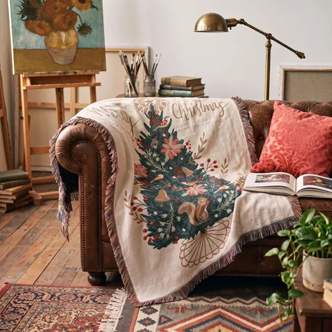 Couverture De Noël Tissée Jacquard En Coton Avec Glands Motif Festif Multifonctionnelle Canapé Lit Camping Tapisserie
