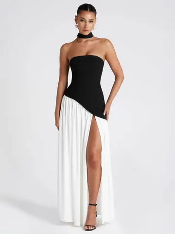 Elegante Vestido de Noche Sin Tirantes con Abertura Alta Vestido Maxi de Corsé con Espalda Descubierta para Mujer Fiesta Boda Ocasión Formal