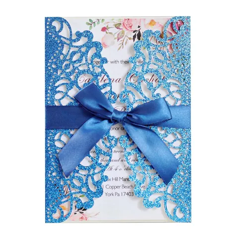 Elegant Glitter Paper Laser Cut Wedding Invitation Cards With Satin Bowknot Floral Inner Sheets And Envelopes Party Supplies