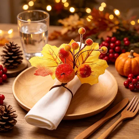 Napkin Rings With Artificial Maple Leaves Frosted Berries Pumpkin Thanksgiving Table Decor Autumn Harvest Handmade Accessory