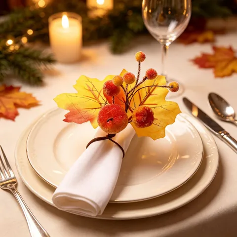 Napkin Rings With Artificial Maple Leaves Frosted Berries Pumpkin Thanksgiving Table Decor Autumn Harvest Handmade Accessory