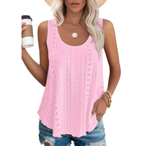 Top de Tirantes Casual Sin Mangas para Mujer Cuello Redondo Suelto Bordado de Ojales Calado Poliéster Top de Playa de Verano
