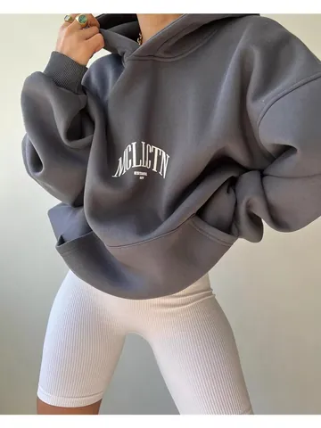 Women Casual Oversized Hoodie Letter Print Long Sleeve Hooded Sweatshirt Cotton Blend Streetwear Pullover Top
