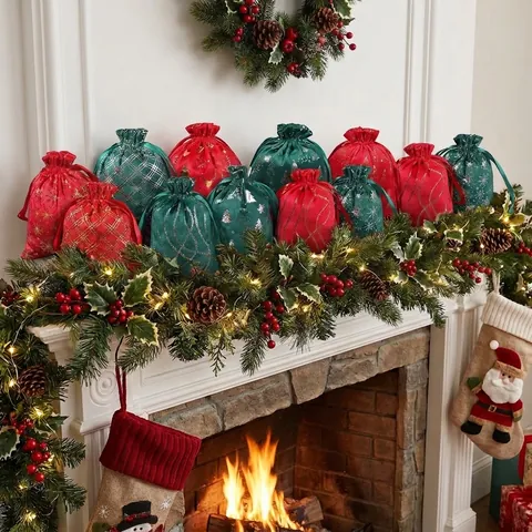 Kerst Fluwelen Trekkoordzakje Foliebedrukking Sneeuwvlok Bel Snoep Sieraden Geschenktasje Feestelijke Feestdecoratie Tas