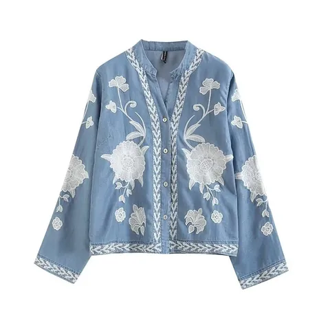 Women's Ethnic Style Heavy Embroidery Floral V-Neck Long Sleeve Polyester Blouse Loose Casual Commuter Top