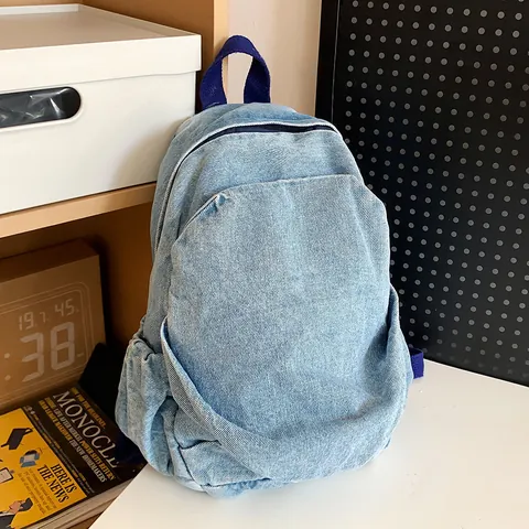 Women Vintage Washed Denim Small Backpack Fashion Versatile Casual Travel School Bag Solid Color Mini Backpack With Stitching