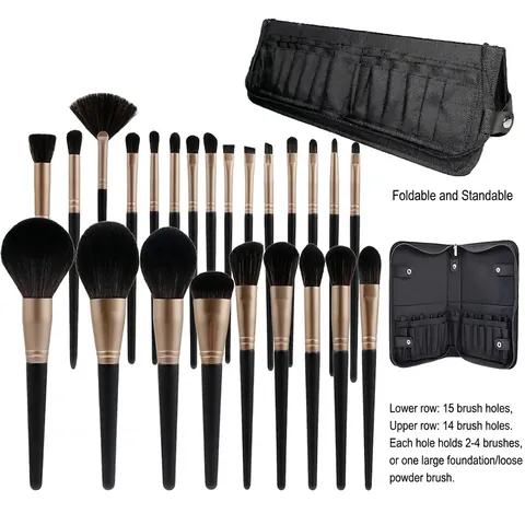 Professional Makeup Brush Set Synthetic Fiber Bristles Wood Handle Cosmetic Tools Matte Gold Black Beauty Brushes With Storage Bag
