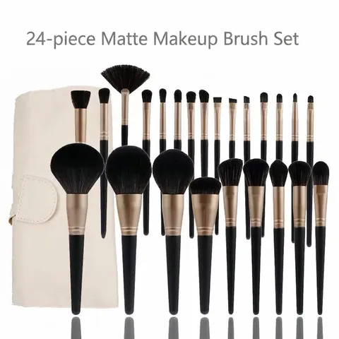 Professional Makeup Brush Set Synthetic Fiber Bristles Wood Handle Cosmetic Tools Matte Gold Black Beauty Brushes With Storage Bag