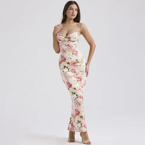 French Floral Satin Sling Dress For Women Slim Fit Mermaid Maxi Dress Elegant Rose Print V-Neck Sleeveless Party Evening Long Dress