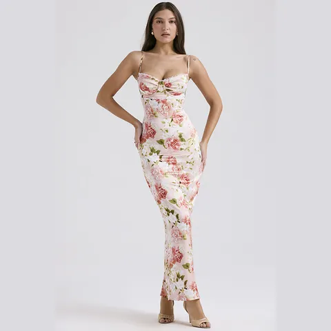 French Floral Satin Sling Dress For Women Slim Fit Mermaid Maxi Dress Elegant Rose Print V-Neck Sleeveless Party Evening Long Dress
