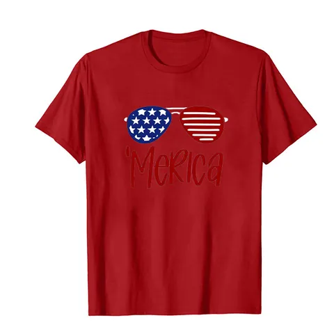 Unisex Loose Embroidered Independence Day T-Shirt Round Neck Summer Short Sleeve Top With Flag Sunglasses Pattern