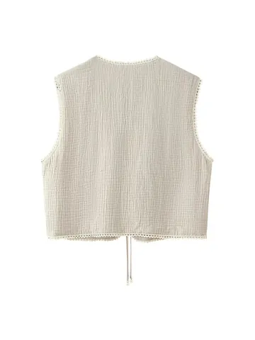 Women Vintage Floral Embroidered Vest Top Retro Polyester Lace Trim Sleeveless Waistcoat Tie Front Short Outerwear Streetwear