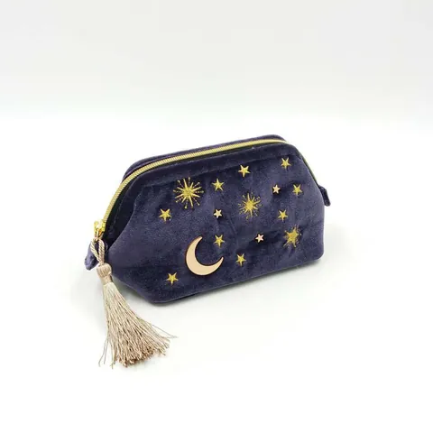Japanese Style Velvet Embroidered Cosmetic Bag Large Capacity Star Moon Pattern Toiletry Organizer With Tassel For Women Travel Makeup Pouch