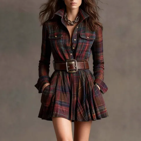 Vestito a Camicia Plaid Vintage da Donna Manica Lunga Mini Abito con Cintura Casual Poliestere Cotone Stampato