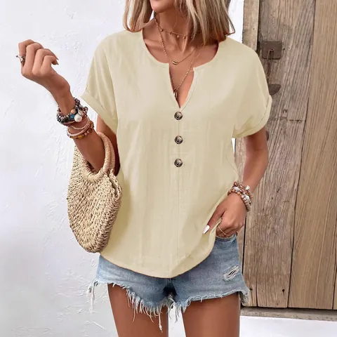 Maglietta da Donna con Scollo a V e Bottoni a Manica Corta Tinta Unita Larga Casual in Elastan Top Estivo alla Moda