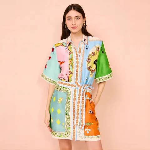 Women Linen Patchwork Poker Print Shirt Dress Casual Short Sleeve Button Down Midi Dress With Belted Waist Multicolor