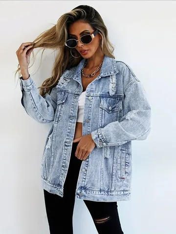 Giacca di Jeans Distressed Oversize da Donna in Cotone Lavato Cappotto Jeans Casual Utility Top per Streetwear