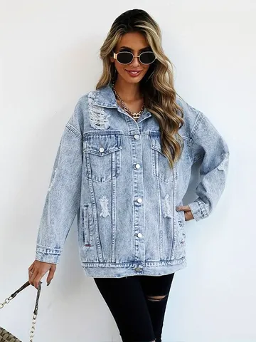 Giacca di Jeans Distressed Oversize da Donna in Cotone Lavato Cappotto Jeans Casual Utility Top per Streetwear