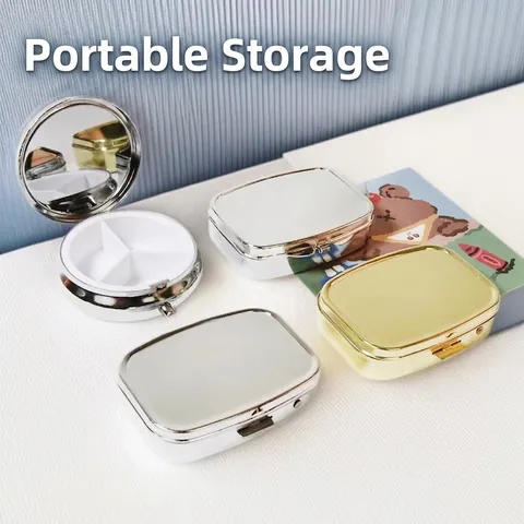 Pastillero Portátil de Acero Inoxidable Organizador de Joyas de Viaje Estuche de Bolsillo de Metal Con Espejo Redonda Cuadrada Caja de Almacenamiento