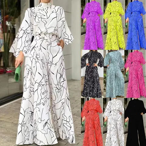 Mono de Mujer con Estampado de Cara Abstracta Manga Larga Cuello Halter Cintura Alta Pata Ancha Pantalones Largos Moda Streetwear