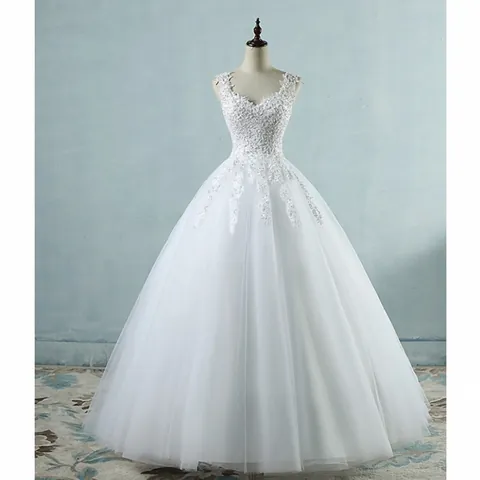 Robe de Mariée Blanche Style Français Col en V Sans Manches Dos Nu Lacet Tulle Bouffant Brodée Robe de Mariée pour Mariage Fête Photographie