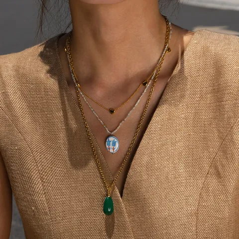 Women Stainless Steel Natural Stone Necklace Luxury Gold Plated Beaded Chain Floral Pendant Heart Necklaces Jewelry Gift