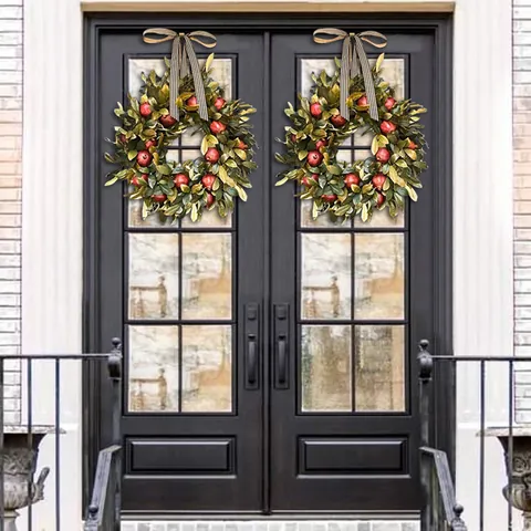 Fall Pomegranate Wreath With Artificial Green Leaves And Striped Ribbon Autumn Harvest Decorative Front Door Wall Hanging Wreath