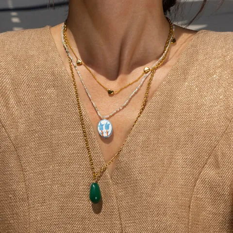 Women Stainless Steel Natural Stone Necklace Luxury Gold Plated Beaded Chain Floral Pendant Heart Necklaces Jewelry Gift