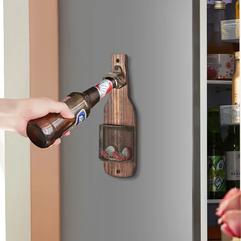 Creatieve Bierflesopener In Flesvorm Wandmontage Met Metalen Gaas Dopjesvanger Retro Hout Keuken Bar Hangende Decoratie