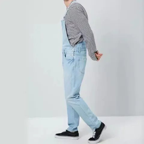 Men's Casual Denim Overalls Distressed Washed Blue Cotton Bib Jumpsuit Straight Leg Workwear Jeans With Pockets For Men Teens