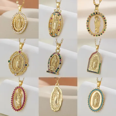 Gold Plated Copper Virgin Mary Pendant Necklace With Colorful Zirconia Micro Pave Hip Hop Religious Jewelry Vintage Luxurious Gift For Women