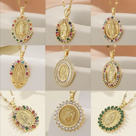 Gold Plated Copper Virgin Mary Pendant Necklace With Colorful Zirconia Micro Pave Hip Hop Religious Jewelry Vintage Luxurious Gift For Women