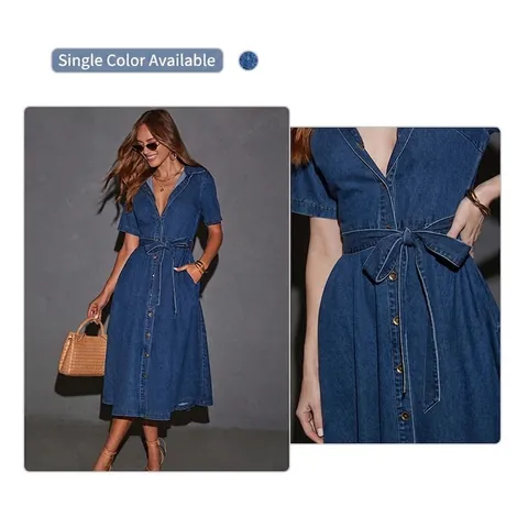 Γυναικείο Ευρωπαϊκό Μόδα Denim Midi Φόρεμα με Λαιμόκοψη V Κοντομάνικο Φόρεμα Πουκάμισο Με Κορδόνι στη Μέση Κουμπιά Γραμμή Α Φούστα Κομψό Μετακίνηση Καλοκαιρινό Φόρεμα