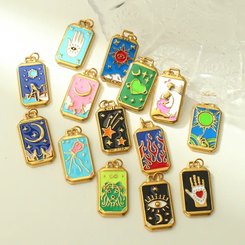 Pendentif Carte De Tarot En Acier Inoxydable Émail Or Rectangle Soleil Lune Étoile Main De Hamsa Mauvais Œil DIY Bijoux